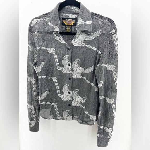 Rare Vintage 90s Silver Harley Davidson Mesh Eagle Button-Up Shirt Ladies Small - Picture 3 of 6